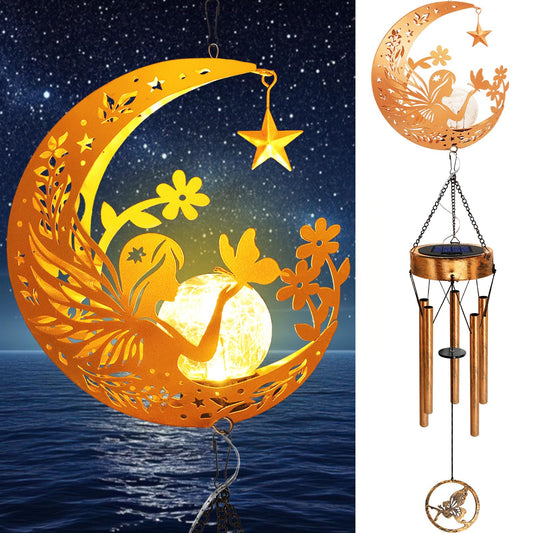 Solar Moon Fairy Wind Chimes, Moon Gifts Mothers Day for Mom Women Men Sympathy Birthday, Hanging Outdoor Decor Cracked Glass Ball Memorial Large Wind Chimes for Garden Patio Porch