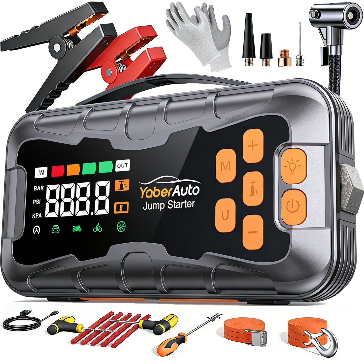 YaberAuto 16-in-1 Jump Starter with Air Compressor 8000A 160PSI Car Battery Jump Starter (All Gas/14L Diesel) 12V Jump Box Car Battery Jumper Starter Portable Jumper Cables, Emergency Tool Kit, Gloves