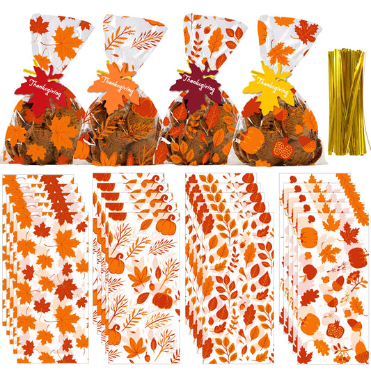 YUJUN 120 PCS Fall Cellophane Treat Bags,Maple Leaves Gift Goodie Candy Autumn Clear Cello Bags with 60 Pieces Maple Leaves Tags for Fall Autumn Thanksgiving Theme Party Favor Supplies(4 Styles)