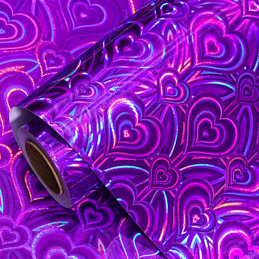 LeZakaa Purple Holographic Wrapping Paper, Metallic Foil Purple Heart for Helloween, Mothers Day, Graduation, Birthday, Valentines, Wedding, Baby Shower, Christmas, Mini Roll, 17 IN x 32.8 FT
