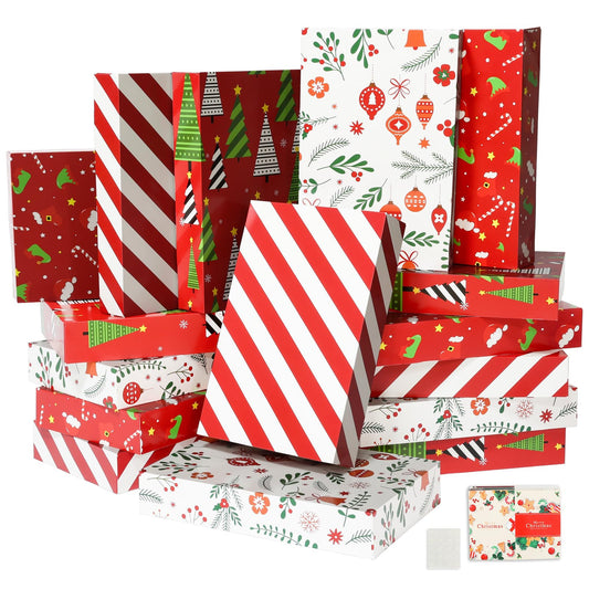 joyhalo 16 Pcs Christmas Gift Boxes with Lids for Presents Bulk 14.5" x 9.5" x 2.5" Large Gift Boxes for Clothes, Wrapping Xmas Robe, Shirt, Goody for Christmas, Birthdays, Wedding, 4 Designs