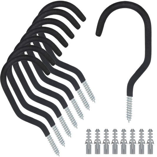 KURUI Large Heavy Duty Screw Hooks for Hanging Plants, Outdoor String Lights, Bike, 8 Pack Ceiling Hooks for Garage Organization and Storage, Black No Drill Wall Hangers