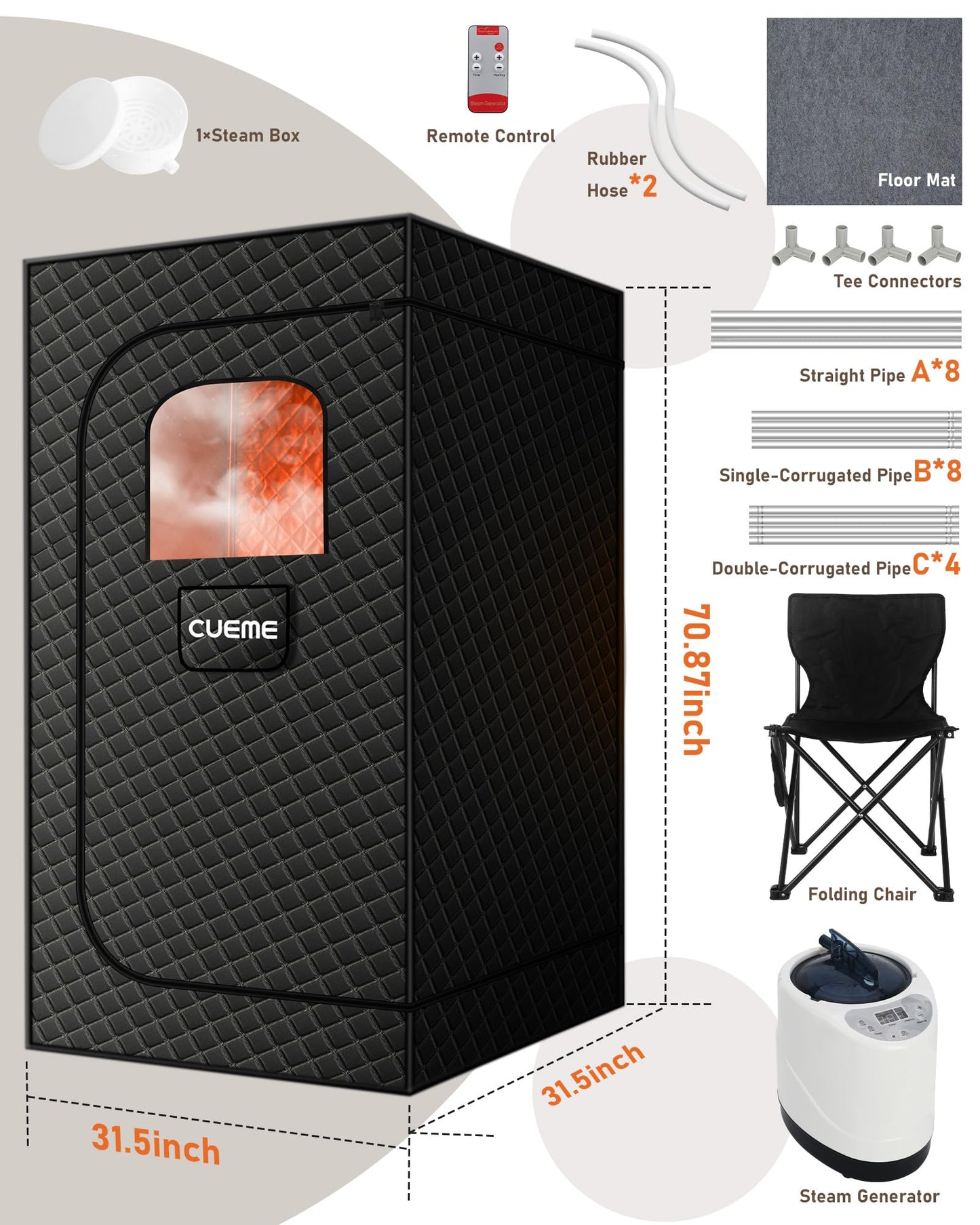 Sauna Box, Portable Steam Sauna, Portable Sauna for Home with 3L 1200W Steamer, 9 Levels, Folding Chair, Extra Large Size (2.6' x 2.6' x 5.9'), Full Body Sauna Tent for Relaxation, Detoxification
