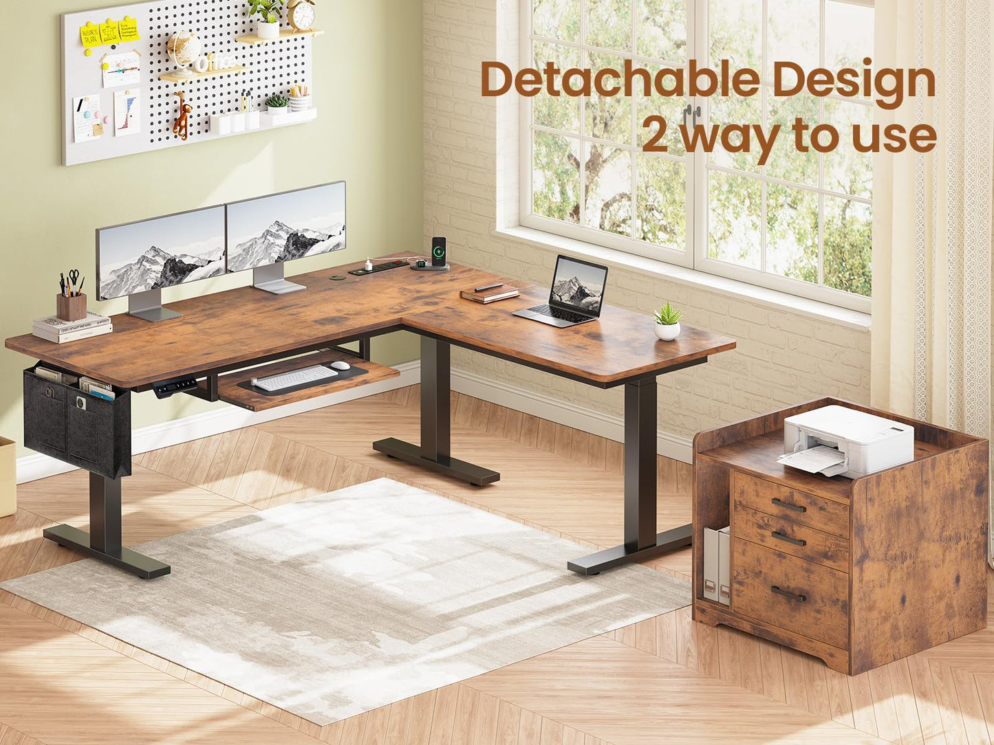 SEDETA L Shaped Electric Standing Desk with File Cabinet, 63 x 53'' Height Adjustable Home Office Computer Desk with 3 Drawers, Power Outlet, Stand up Gaming Table with Led Lights, Rustic Brown
