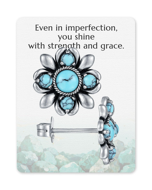 925-Sterling-Silver Flower Turquoise Stud-Earrings for Women - Vintage Boho Floral Jewelry Weatern Gift for Her on Birthday, Mother’s Day, Christmas