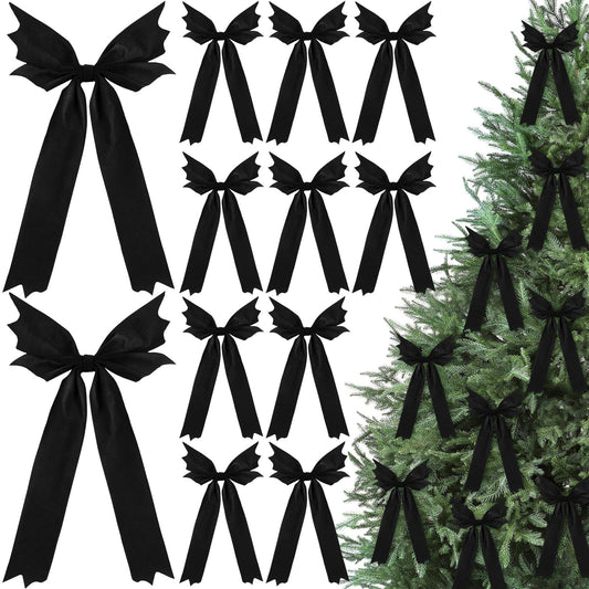 Eurzom 12 Pcs Gothic Christmas Bat Bows Tree Ornaments 10'' x 6'' Spooky Christmas Decor Horror Black Bat Shaped Velvet Bows, Creepy Nightmare Hanging Decorations for Xmas Wreath Home Party Gift