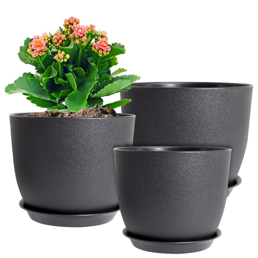 WSMKSZ 12/10/9 inch Big Flower Pots, 3 Pack Modern Decorative Plastic Planters with Drainage Holes and Tray, Plant Pots for Indoor Outdoor Plants, Black