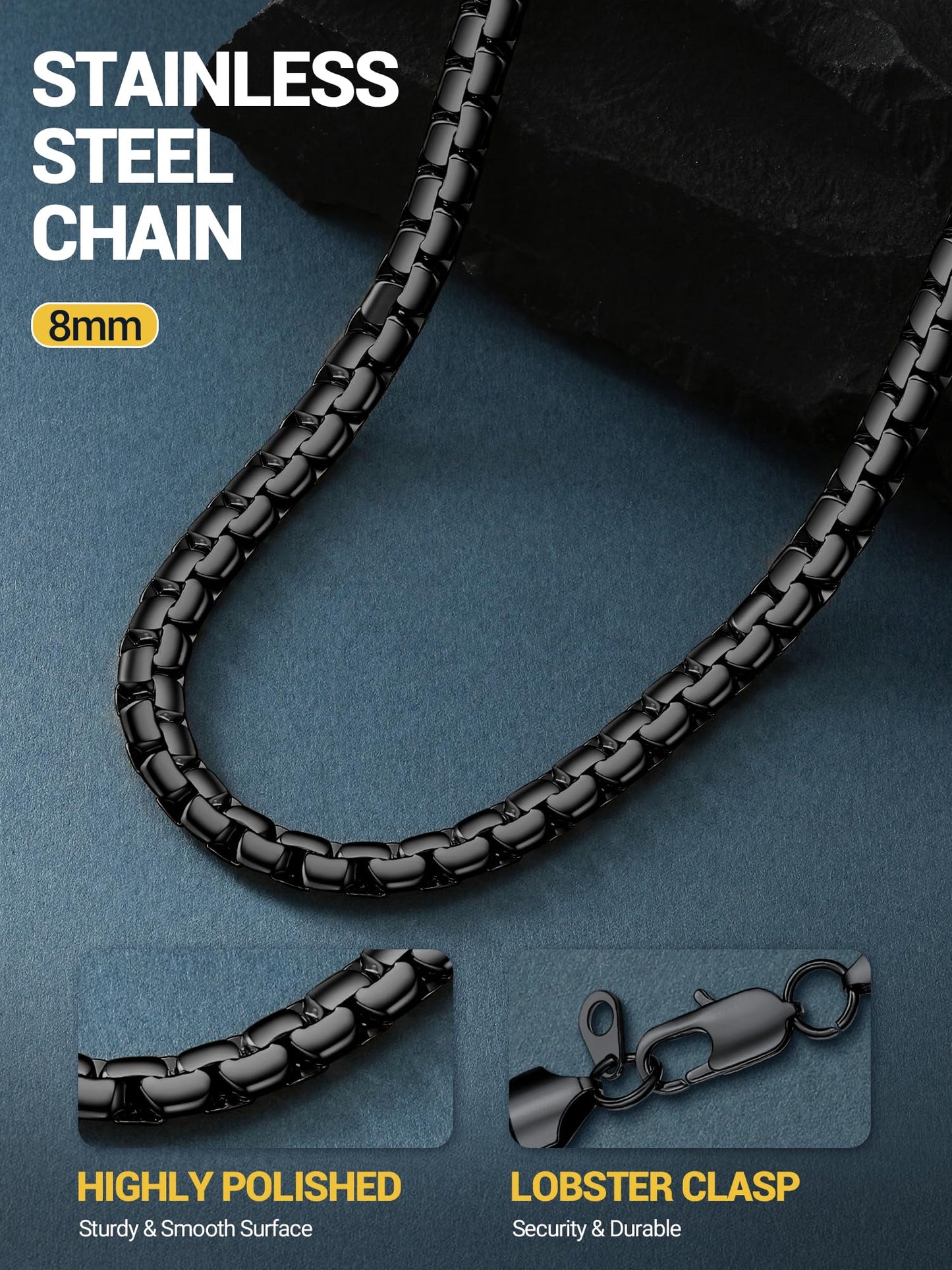 PROSTEEL Mens Chain Black Stainless Steel Necklace Tarnish-Resistant 8mm Thick Hip Pop Chain for Men Jewelry