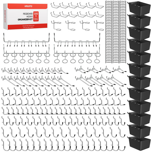 KRUXTO 300 PCS Pegboard Hooks Kit, Peg Board Organizer Accessories with Bins, Fit 1/8 or 1/4 Inch Pegboard for Hanging Various Tools in Garage, Workbench, Craft Room, Kitchen