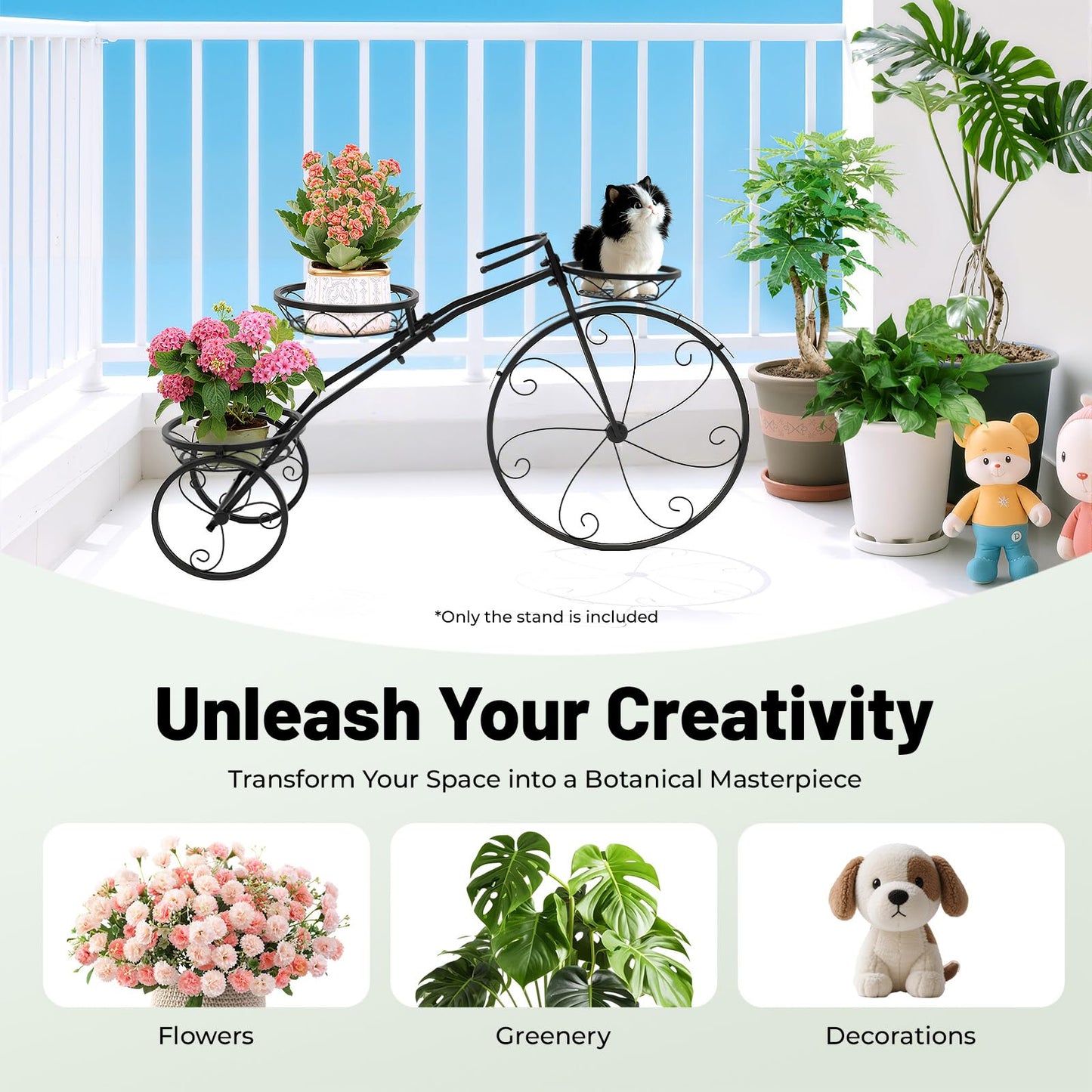 PROYONGOO Bicycle Planter, 3 Tier Tricycle Flower Plant Stand with Wheels, Bicycle Planters for Outdoor Plants, Entryways, Living Rooms, Sunny Windows, Staircases, Screened Terraces