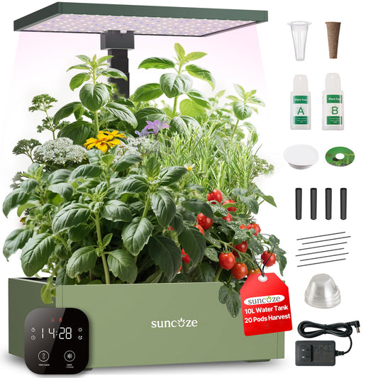 SUNCOZE 20 Pods Hydroponics Growing System Kit, Indoor Herb Garden with Grow Light 30W, 10L Large Water Tank with Adjustable Height to 25", Quiet Pump, Gardening Gifts, Green