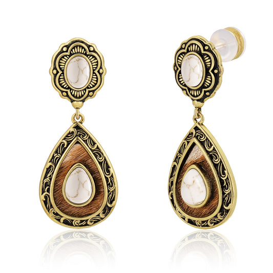 Wrangler Western TearDrop Dangle Earrings for Women Country Statement Genuine Horsehair Turquoise Vintage Cowgirl Cowboy Jewelry (Gold-White)