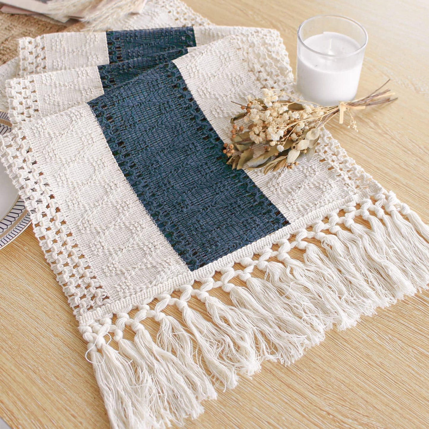 FEXIA Boho Table Runner for Summer Home Decor with Tassels 72 Inches Long Farmhouse Rustic Table Runner Macrame Burlap Table Decoration for Living Room Bridal Shower(12x72 Inches)