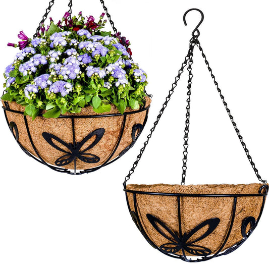 PACDONA Metal Hanging Basket Planter Flower Pots with Coco Liner for Plants Outdoor Garden Decoration Porch Decor Black Watering Orchid Pot Indoor - Butterfly Pattern, 10 Inch, 2 Pack
