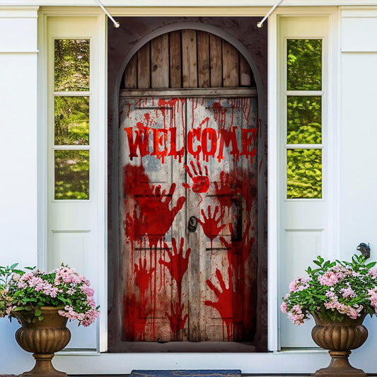 Halloween Bloody Door Cover Banner Horror Door Bloody Handprints Theme Welcome Decor for Halloween Horror Party Indoor Bedroom Door Cover Decorations Photo Studio Props Supplies 35.4x72.8in-BECKTEN