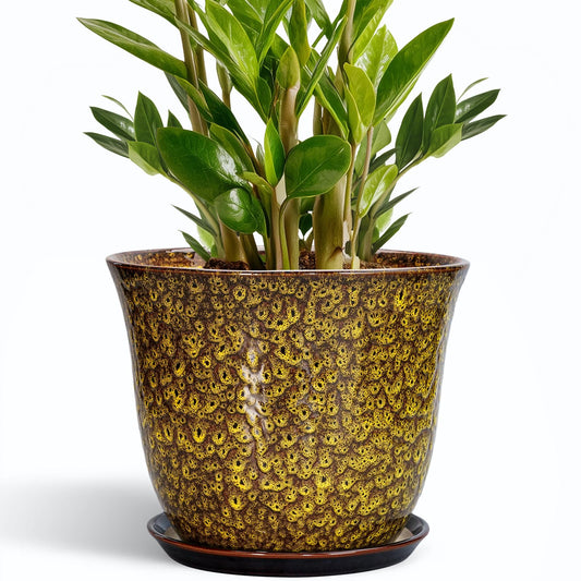 SUNPOTFOR Ceramic Pots for Plants - 10 Inch Plant Pot for Indoor Outdoor, Round Planter with Drainage Hole and Saucer, Modern Flower Pot, Decorative Planters, Home Garden Decor, Birthday Gift, Yellow