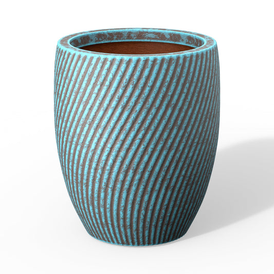 Humid Jade 13-Inch Tall Round Fluted Concrete Planter, Mineral-Toned Surface Plant Pot with Drainage Hole for Succulents, Flowers and Trees for Porch, Patio or Home, Ocean Teal Veil