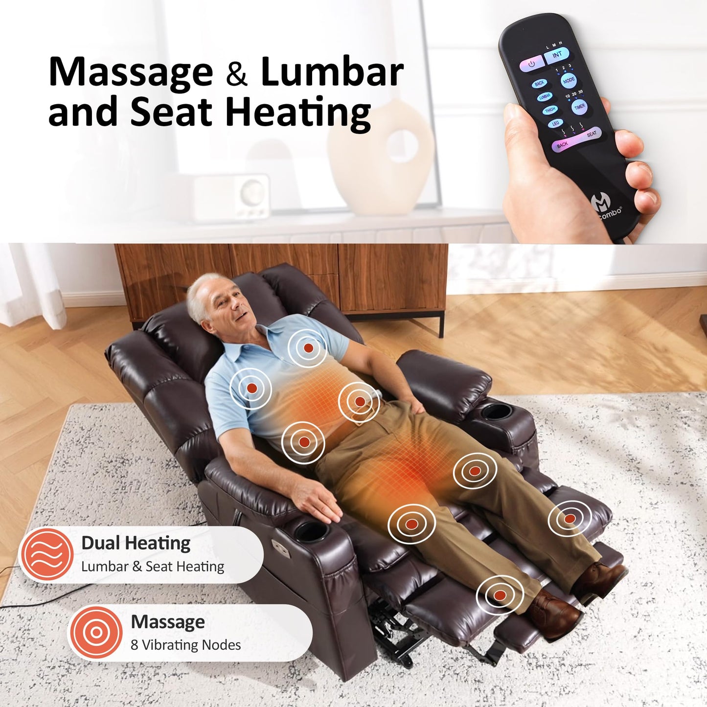 MCombo Large Triple Motor Power Lift Recliner Chair with Massage and Dual Heating, Adjustable Headrest for Tall Elderly People, Faux Leather 7634 (Dark Brown, Large)