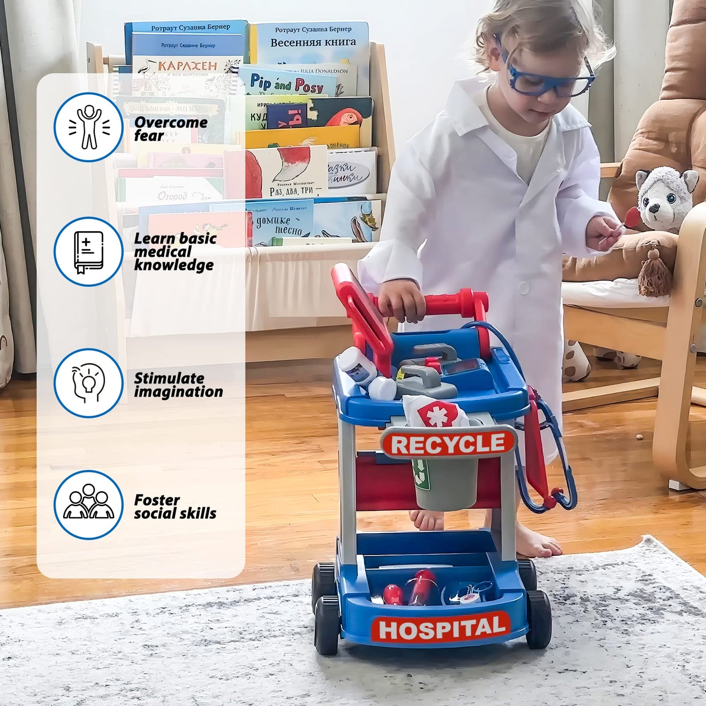 Liberry Doctor Kit for Toddlers Ages 2 3 4 5, Pretend Kids Doctor Playset with Cart, Costume and Stethoscope, Role Play Medical Toys Birthday Gift for Girls Boys (Blue)
