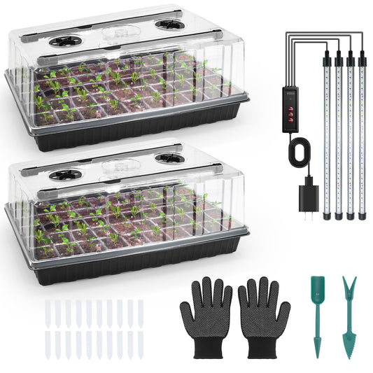 Mulctun 120-Cell Seed Starter Tray with Grow Light, Seedling Starter Trays with 4.08" Humidity Dome, Self-Watering Plant Germination Trays,Seed Starter Kit for Seeds Growing (Black)