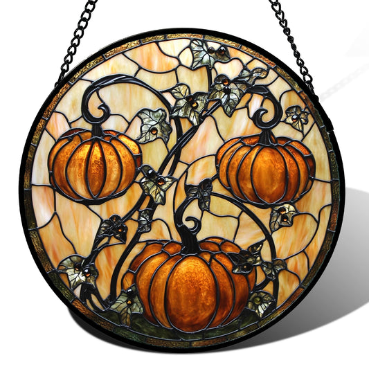 DASTOLL Stained Glass Window Hanging - Halloween Decoration Orange Pumpkin Vine Leaves Suncatcher for Door Garden Spooky Sun Catchers Gothic Decor Horror Gifts for Women Men Friend Boy Girl 6.3 in
