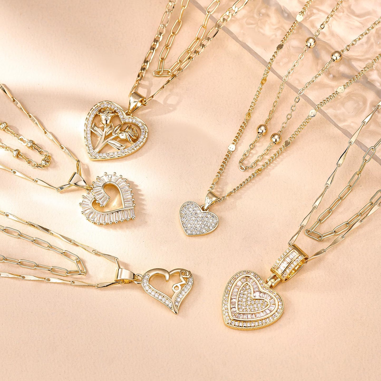 MEIITRUE Heart Necklaces for Women Trendy 14k Gold Plated Dainty Layered Necklace Set Cubic Zirconia Love Pendant Choker Thin Paperclip Chain Stackable Jewelry Gift