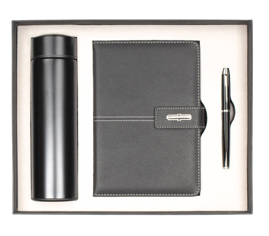 Shadow Breeze A5 Leather Notebook, Insulated Thermos and Executive Pen Gift Set in Premium Gift Box, 172 Pages 100GSM Ruled Pages, 12 oz, Great Gift for Business, School, Home (Black)