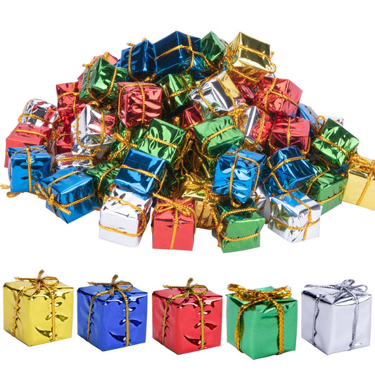 60 PCS Christmas Shiny Mini Boxes Ornaments, Assorted Colors Metallic Foil Wrapped Ornaments Decoration Boxes for Christmas Tree Hanging Decorations (60PCS)