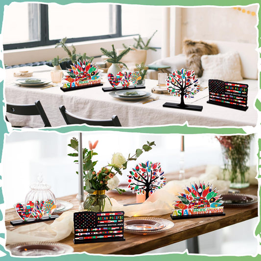 Shknldzsm 4 Pcs Asian American and Pacific Islander Heritage Month Table Centerpiece Wooden Sign AAPI Decorations Table Topper for Home School Office Indoor Party Decor Housewarming Gift