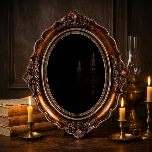 meiqidi Black Obsidian Mirror, Vintage Gothic Frame Scrying Mirror, Witchcraft Supplies for Meditation Divination Spiritual Practices, Obsidian Black Mirror Home Decor, Oval 8 x 9.8 Inch