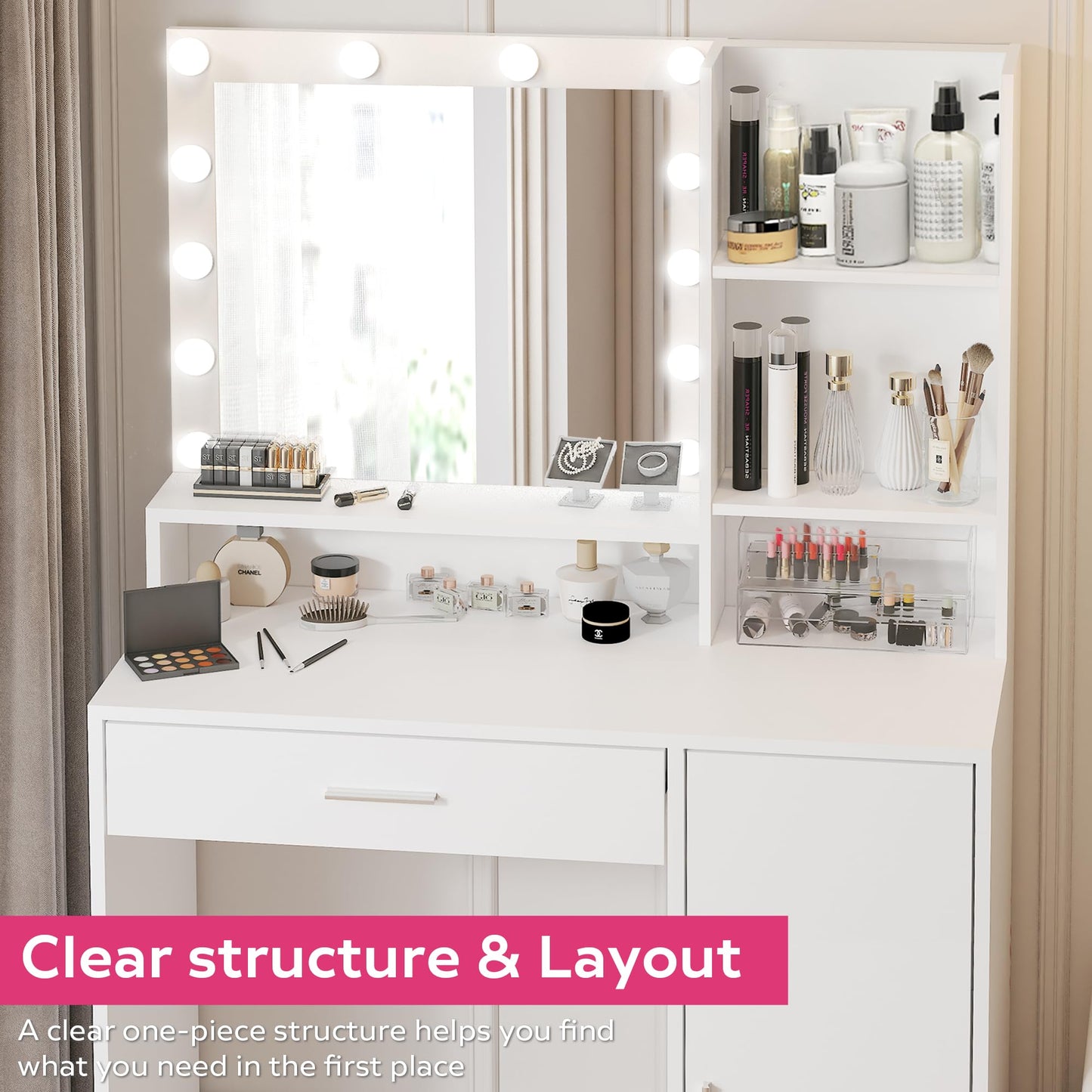 Palimder Vanity Desk with Mirror and Light, Large Drawer and Three Level Storage Dresser, 3 Lighting Modes Adjustable Brightness, Bedroom Dressing Table (White)