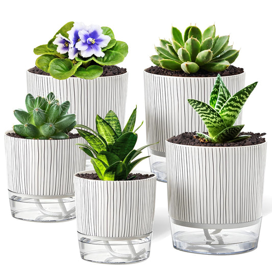 CWYEYE 5 Pack Self Watering Pots for Indoor Plants, 4" + 5.5" Decorative Planters for Indoor Plants, Easy-Care Pots for African Violet, Orchid, Snake Plant, Herbs