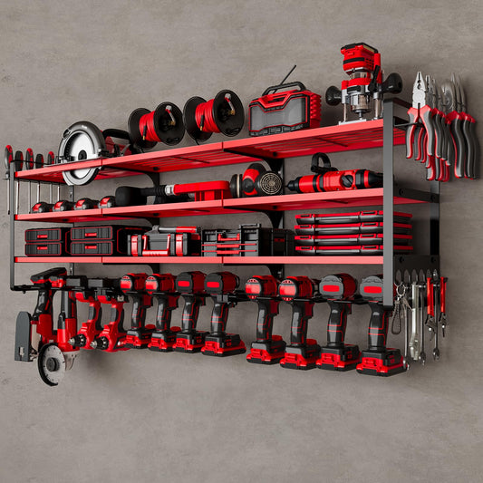 NattyDot 48" Large Power Tools Organizer Wall Mount,12 Drill Holder for Garage, Workshop Heavy Duty Storage Rack (Red)