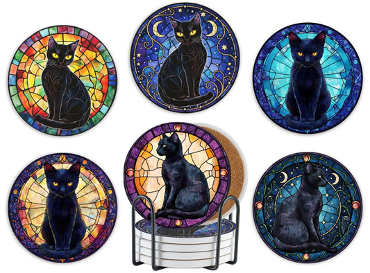 Onebttl Black Cat Gifts for Women, Black Cat Merch Coaster, Set of 6, Ceramic, Absorbent with Cork Base