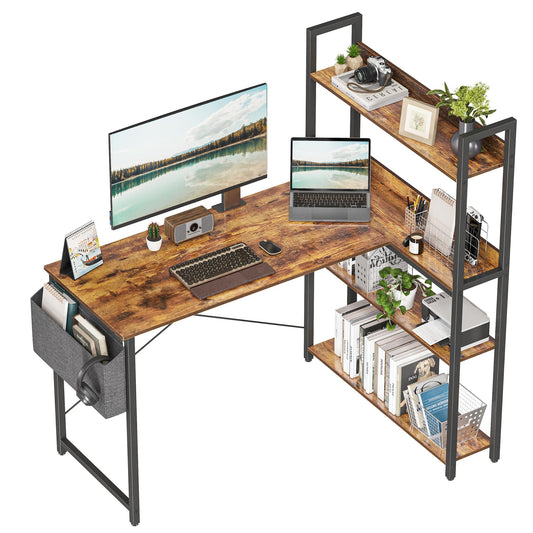 Treesland 47 Inch Computer Desk with Bookshelf, Corner Desk with Storage, L Shaped Desk, Home Office Desks, Writing Study Desk for Bedroom, Brown