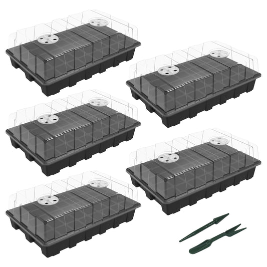 Gardzen 5-Set Seed Starter Tray Kits, Durable Plant Germination Trays with Humidity Vented Domes and Bases, Ideal for Seed Starting, Indoor Gardening, and Greenhouse (Total 200 Cells)