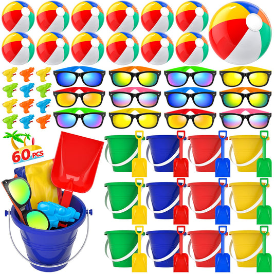 Pool Party Favors Beach Party Favors - 60 PCS Pool Toys For Kids Ages 3-8 Beach Balls Bulk, Sand Bucket and Shovels Set, Kids Sunglasses Bulk, Beach Summer Toys, Pool Party Supplies,Sand Toys