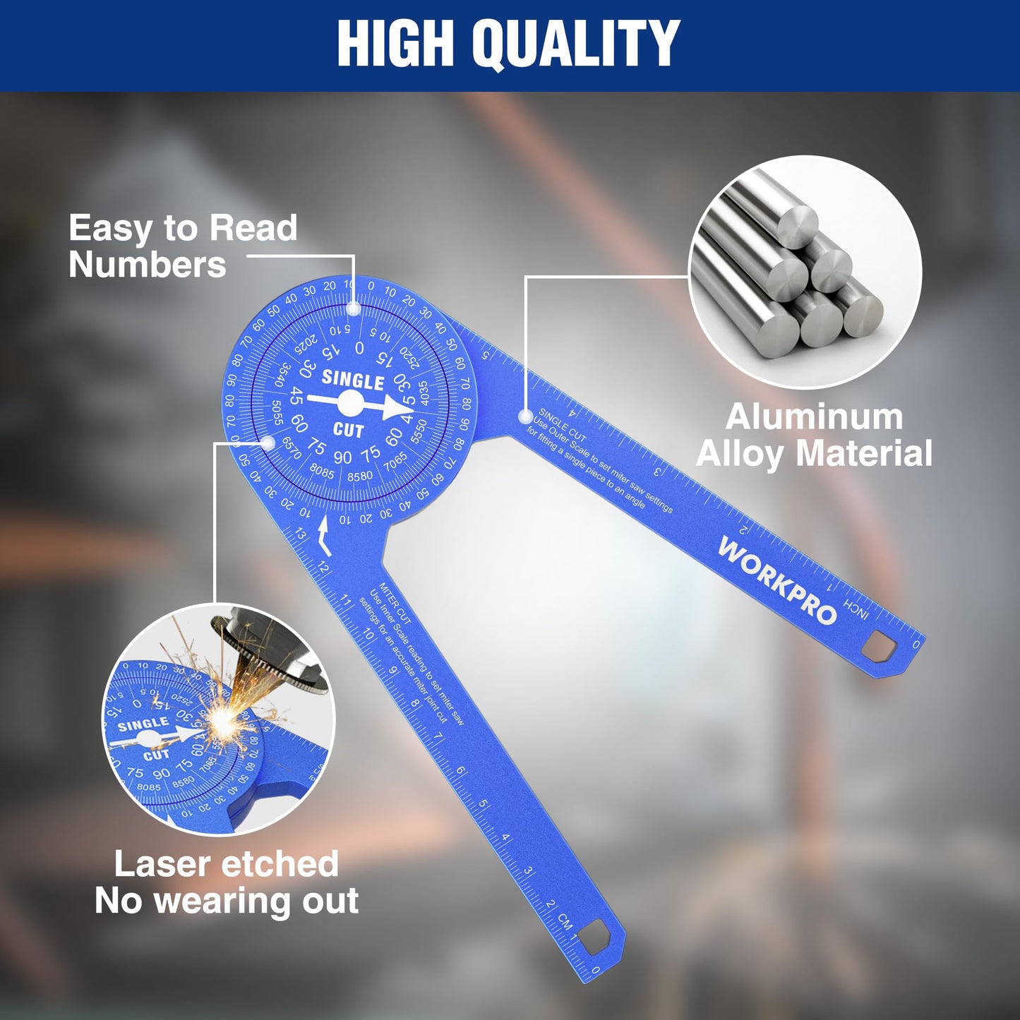 WORKPRO Aluminum Miter Saw Protractor, 7.3 Inch Angle Finder Featuring Precision Laser Engraved Scales for Inside and Outside Corner, Carpenters, Plumbers and All Building Trades, 360° Rotation, Blue