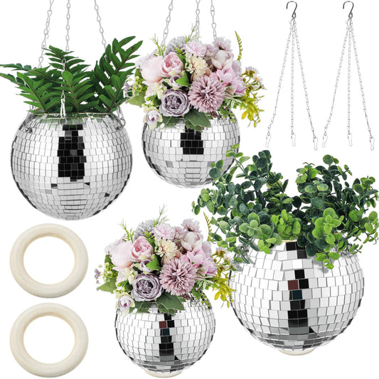 Romooa 4 Pcs 6/8 Disco Ball Planter Hanging Disco Ball Plant Hanger with Chain Hook and Ring Stand, Mirror Flower Pot for Indoor and Outdoor Plants 70s 80s Party Room Decorations, Sliver