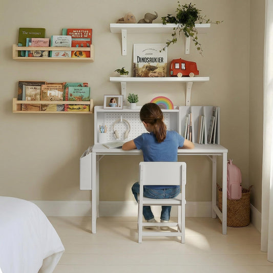 BOLUO Kids Desk and Chair Set for 6-12 Year Old, Children Study Desk with Hutch and Pegboard, Student Writing Table with Storage Shelf for Girls Boys