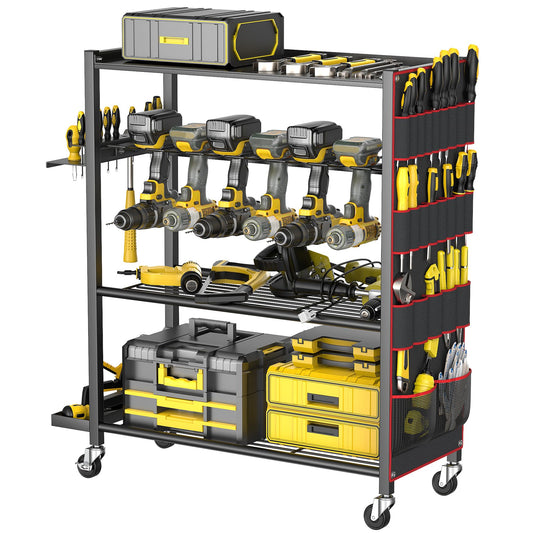 WALMANN 4-Tier Rolling Power Tool Storage Cart, Large Drill Organizer with Slots for 12 Drills, Floor Standing Cordless Tool Rack with Wheels for Garage & Workshop