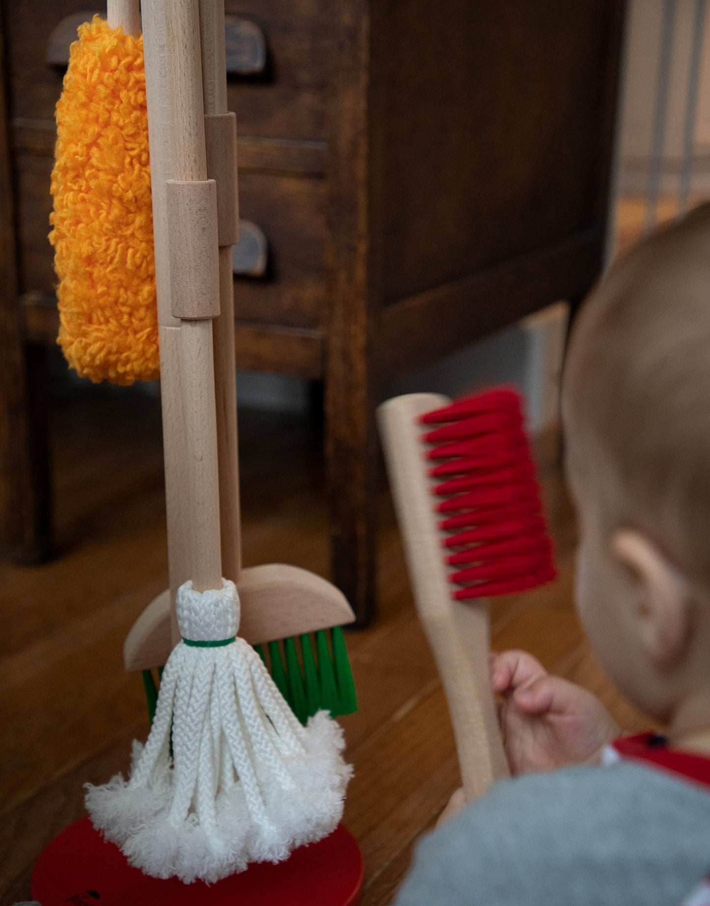 JustForKids Wooden Detachable Kids Cleaning Set - Duster, Brush, Mop, Broom and Hanging Stand Play - Housekeeping Kit - STEM Toys for Toddlers Girls & Boys, Total 6 Pieces,Multi Color,10071