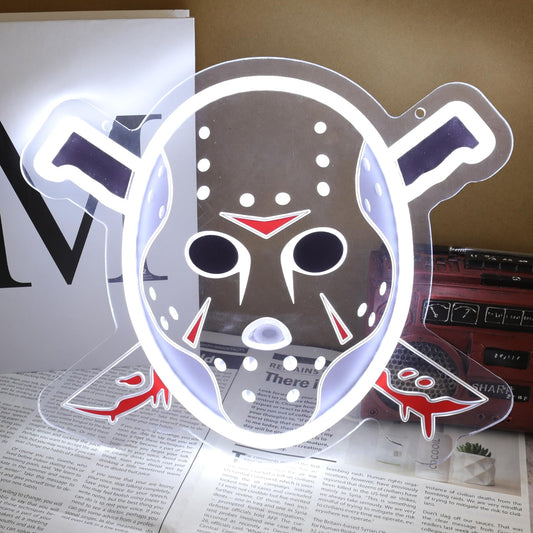 lmprintNook Horror Mask LED Neon Sign, Scary Slasher Jason Neon Light for Wall Decor, 12 * 10 Inches, USB Powered Neon Lamp for Halloween, Bar, Gaming Room, Man Cave, Horror Movie Room Decor