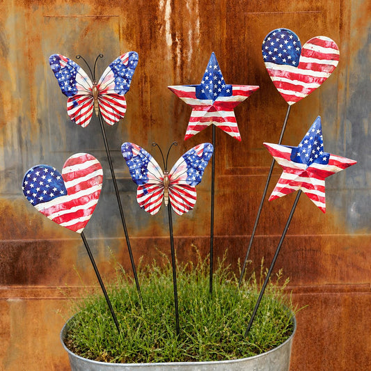WKHOMEDECO 4th of July Decorations Outdoor, Set of 6 17-Inch Metal Patriotic Garden Stakes, Red White and Blue American Flag Heart Butterfly Star Yard Decor for Lawn, Porch, Memorial Day Decorations