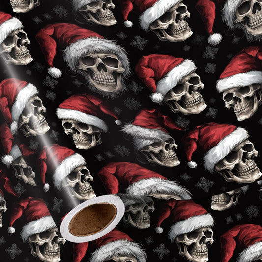RUSPEPA Christmas Skull Wrapping Paper Roll, Mini Roll, Gothic Santa Skull with Red Hat and Snowflakes, Dark Holiday Gift Wrap for Alternative, Punk Party, 17 Inches x 16.4 Feet