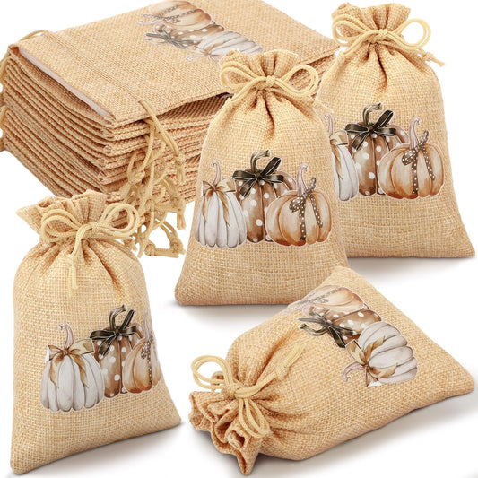 SATINIOR 50 Pcs Fall Thanksgiving Treat Bags Pumpkin Burlap Gift Goodie Bags with Double Jute Drawstrings Linen Candy Pouch 4 x 6'' for Autumn Harvest Holidays Party Favor