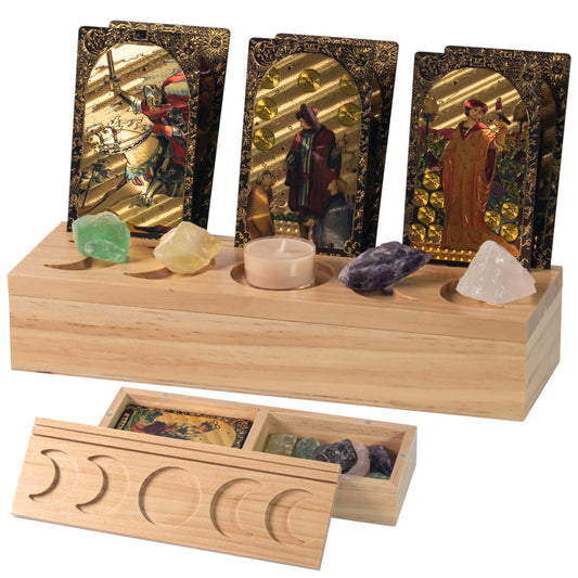 zyrnathar Tarot Card Holder Stand - Storeable for Card Drawing and Divination, Moon Phase Tarot Box for Witchy Decor, Wiccan Altar Supplies, Witchy Gifts for Women (Natural wood color)