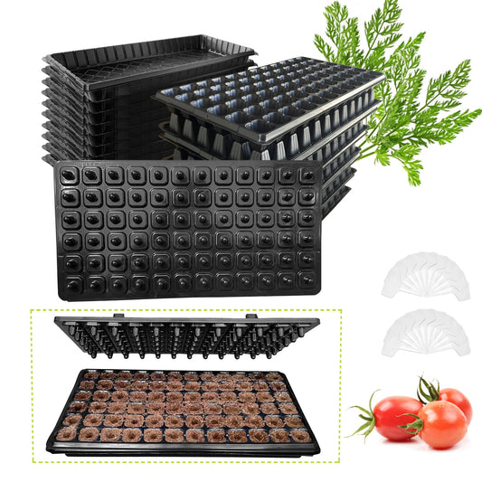 LARNORJE 72 Cell Seed Starter Trays with Dibber – 20 Pack Reusable Seedling Trays for Germination Propagation, 72 Hole Soil Digger for Quickly Setting Out, Gift for Gardener.