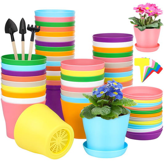 Hahood 48 Pack Plastic Planters 4 Inch Flower Plant Pots Indoor Set Thickened Seedling Nursery Pots Seed Starting Pots with Drainage Holes Saucers, Mini Garden Tools for Home Office Garden, Multicolor