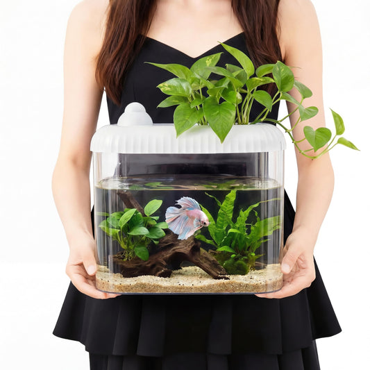 Geelin White 2 Gallon Plastic Aquaponic Betta Fish Tank Large Bowl Shatterproof Small Ecosystem Aquarium with Secure Buckle Lid, Clear Clarity for Terrarium, Flower Vase Betta Fish Tabletop Gifts